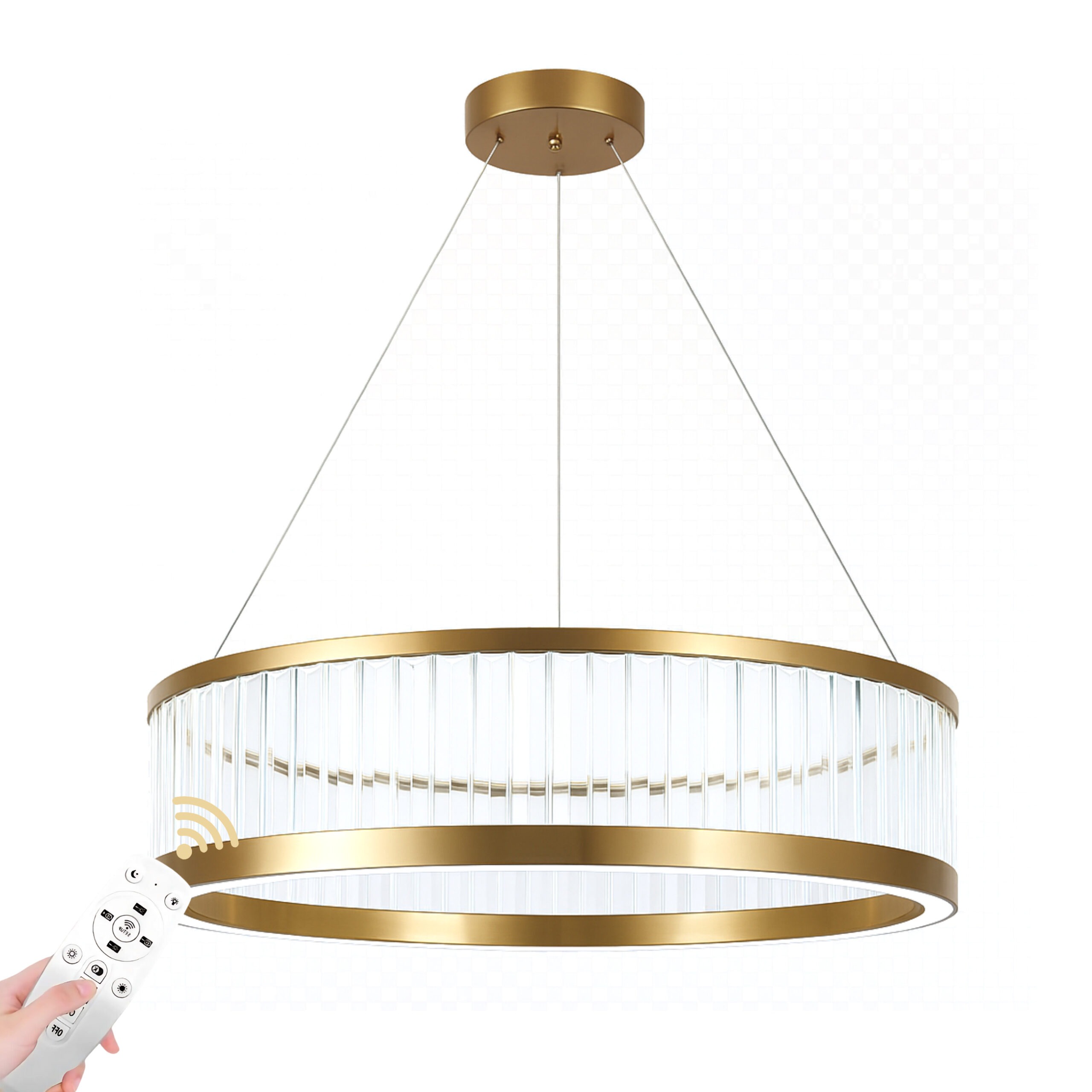 ALFRIDAY Modern Crystal Ring Chandelier - Remote-Controlled 3-Color CCT (3000K/4000K/6500K), Dimmable, Brushed Brass Finish