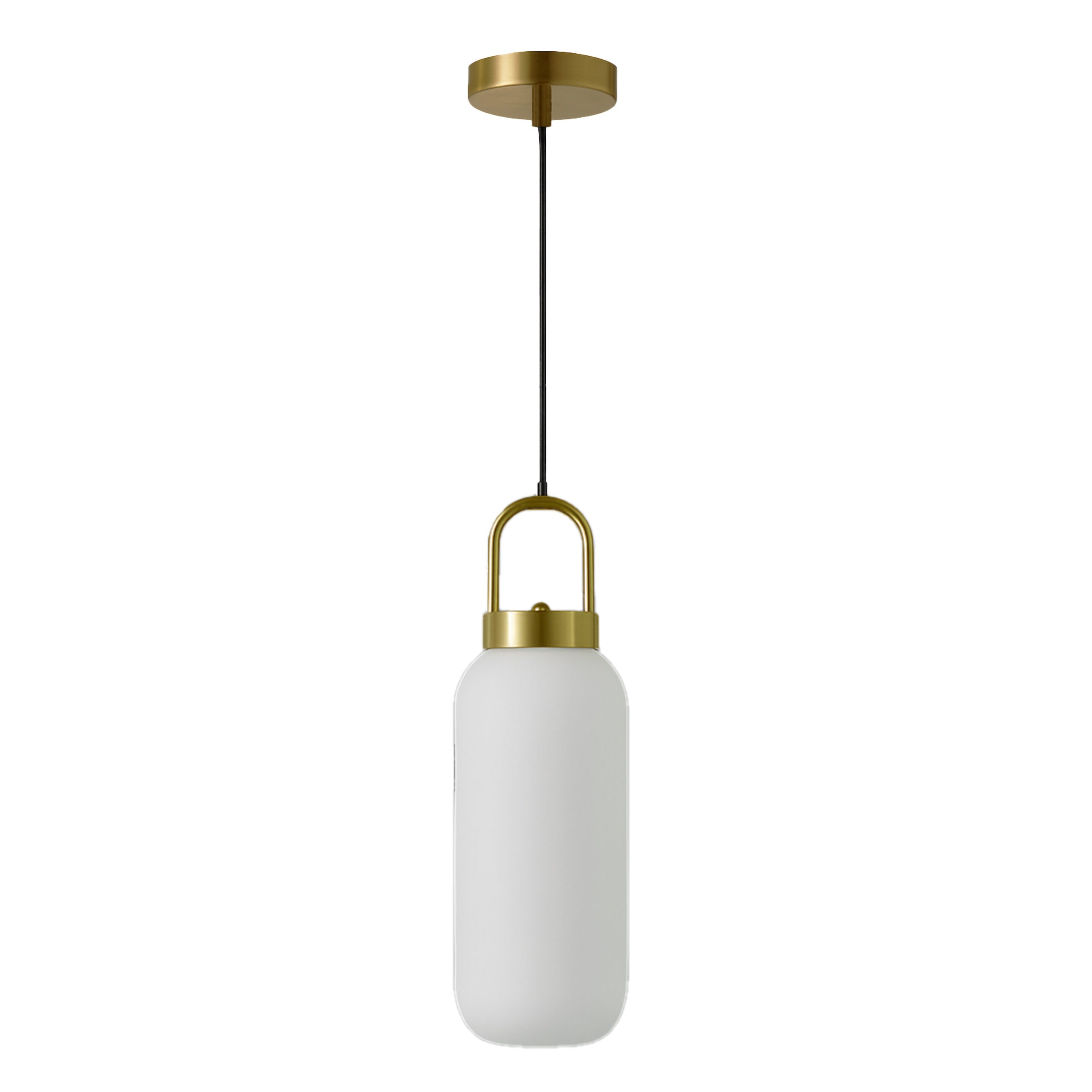 ALFRIDAY Cylinder Pendant Light, E27 Base, Frosted Glass Shade, Brass Accents, 2m Cord, 55cm Height (White)