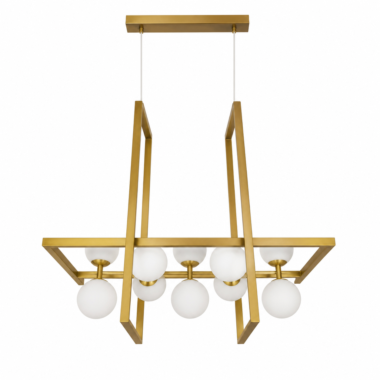 Alfriday Modern Gold Linear Chandelier – Geometric Pendant Light with 10 Frosted Glass Globes, Brushed Brass Metal Hanging Ceiling Fixture for Dining Room, Living Room & Kitchen Island, G9 base