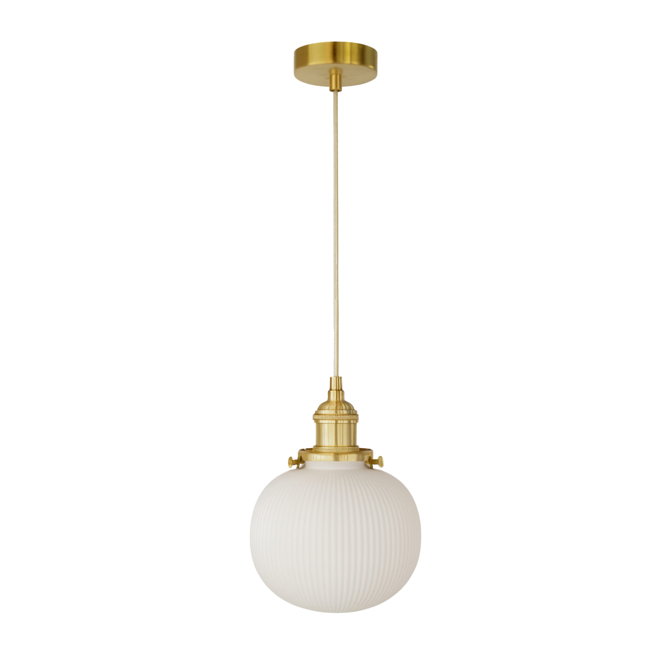Alfriday Modern Brass Pendant Light, Ribbed Glass Globe Hanging Light Fixture with 2M Adjustable Cord, E27 Base Mid-Century Modern Ceiling Light - ALF-ZY-G22090-WH