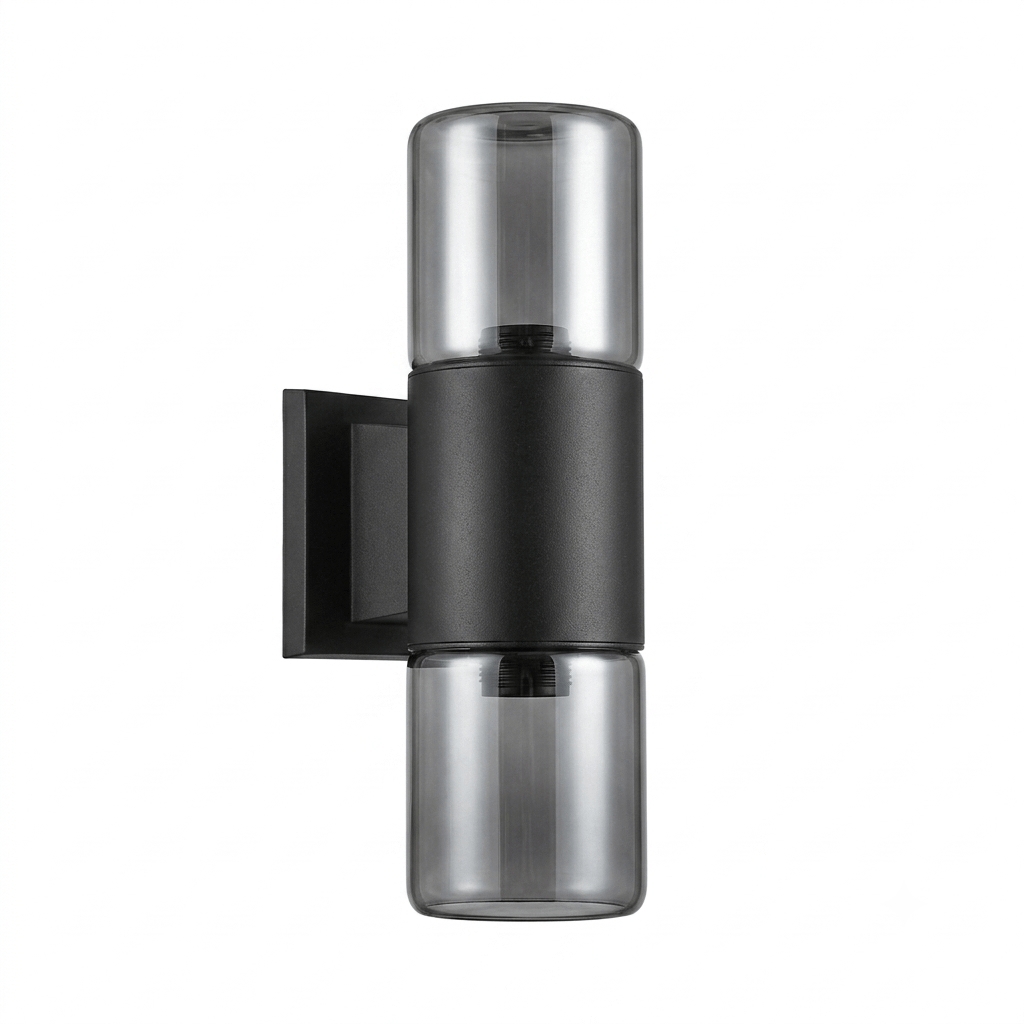 Alfriday Outdoor Wall Light IP65 Waterproof Up and Down Anti-Glare Exterior Sconce, Matte Black Aluminum Wall Mount Lamp with Smoky Glass Diffuser, E27 Bulb Holder for Patio,Garden, & Courtyard Porch - ALF-MK-W21001-2